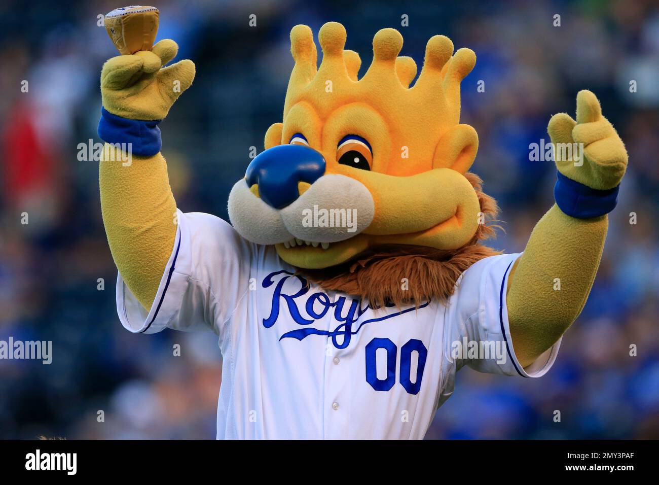 Kansas City Royals mascot Sluggerrr fires up the crowd before Game 2 of the  ALCS against the Toronto Blue Jays on at Kauffman Stadium in Kansas City,  Mo., on Saturday, Oct. 17