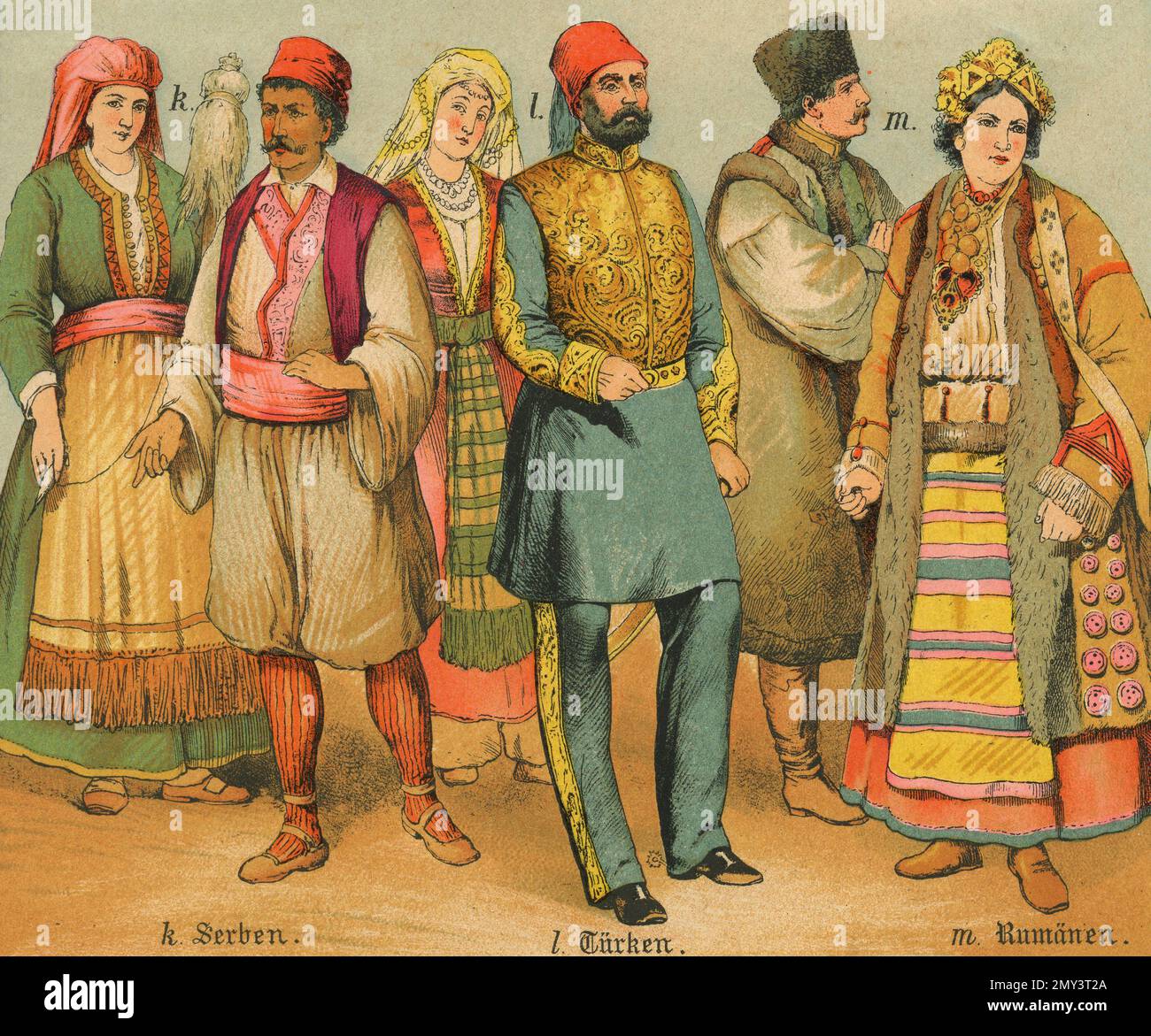 Populations of the world Serbs, Turkish, Romanian, color illustration