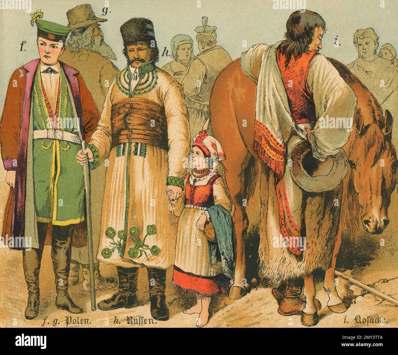Populations of the world: Polish, Russian, Cossack, color illustration, Germany 1800s Stock Photo