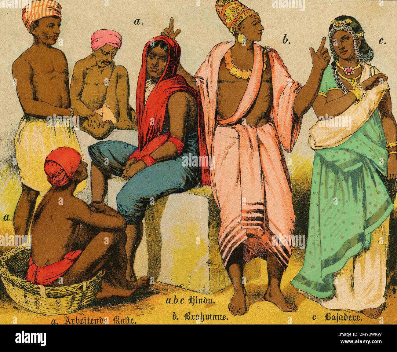 Populations of the world: India working caste, Hindu, Brahmin, Bajadere, color illustration, Germany 1800s Stock Photo