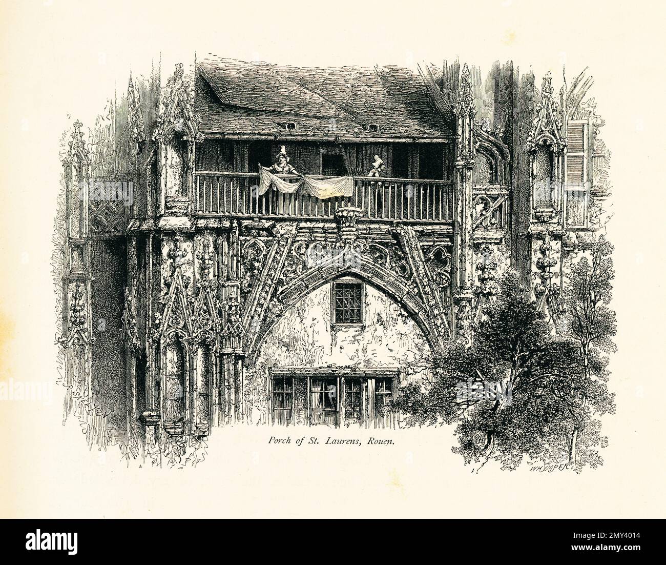 Antique engraving of the porch of St. Laurens Church in Rouen, Upper Normandy, France. Illustration published in Picturesque Europe, Vol. III (Cassell Stock Photo