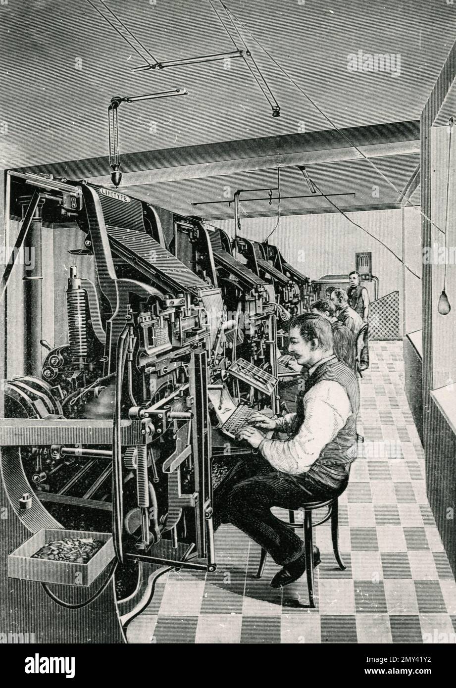 German-American inventor Ottmar Mergenthaler's Linotype typesetting and casting machine, illustration, 1900s Stock Photo