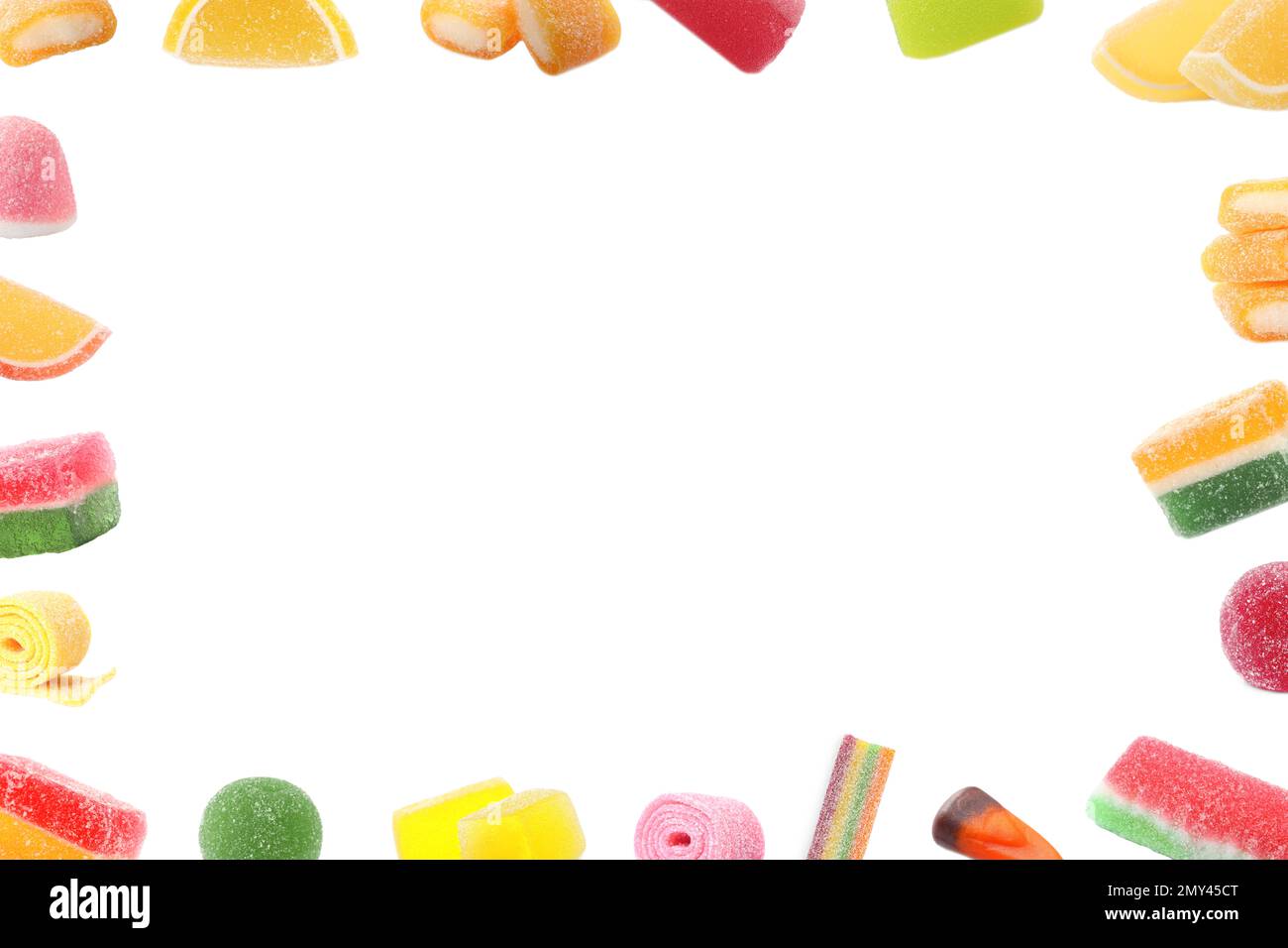 Frame of different tasty candies on white background Stock Photo - Alamy