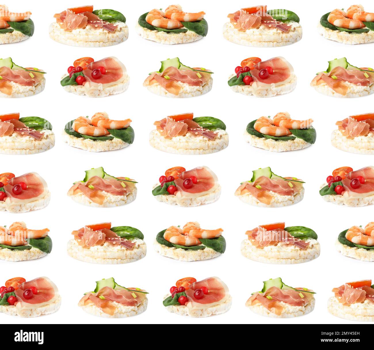 Set of puffed corn cakes with different toppings on white background. Pattern design Stock Photo