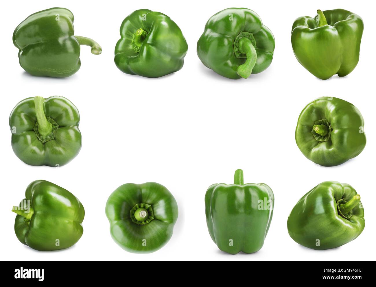 Frame of whole green bell peppers on white background Stock Photo - Alamy