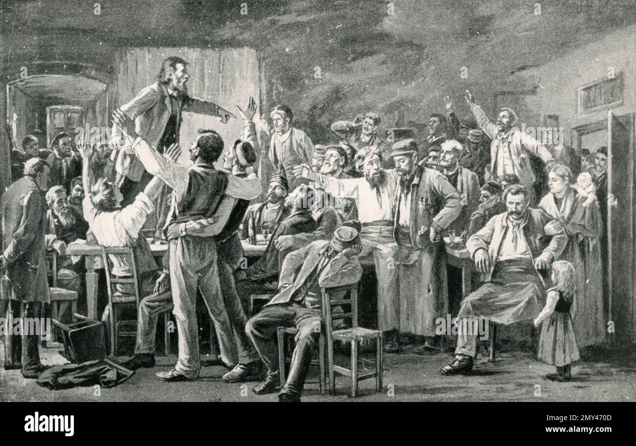 Workers meeting before the strike, illustration from the painting of