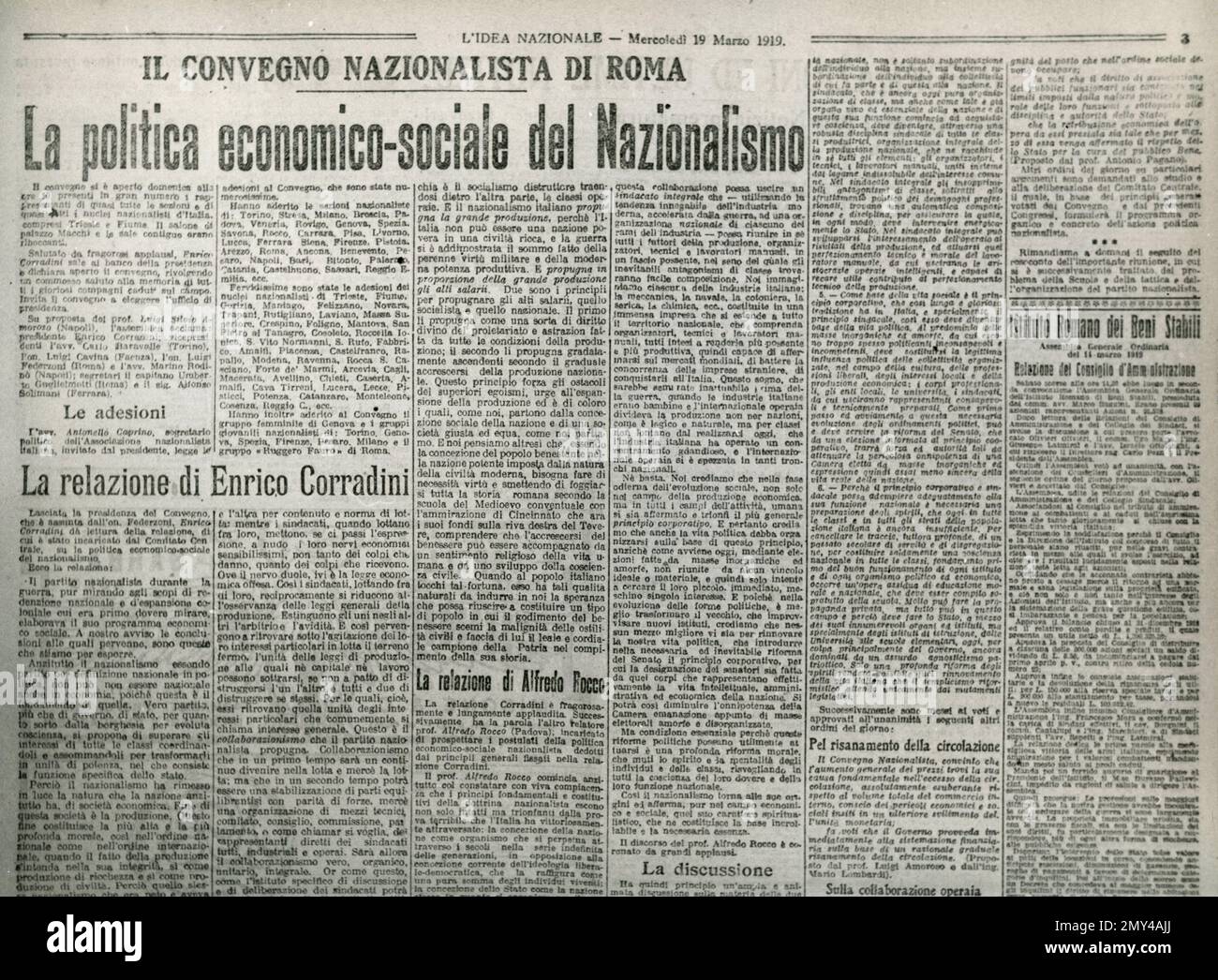 Third page of the Italian newspaper L'Idea Nazionale about the nationalist congress in Rome, Italy, March 19, 1919 Stock Photo