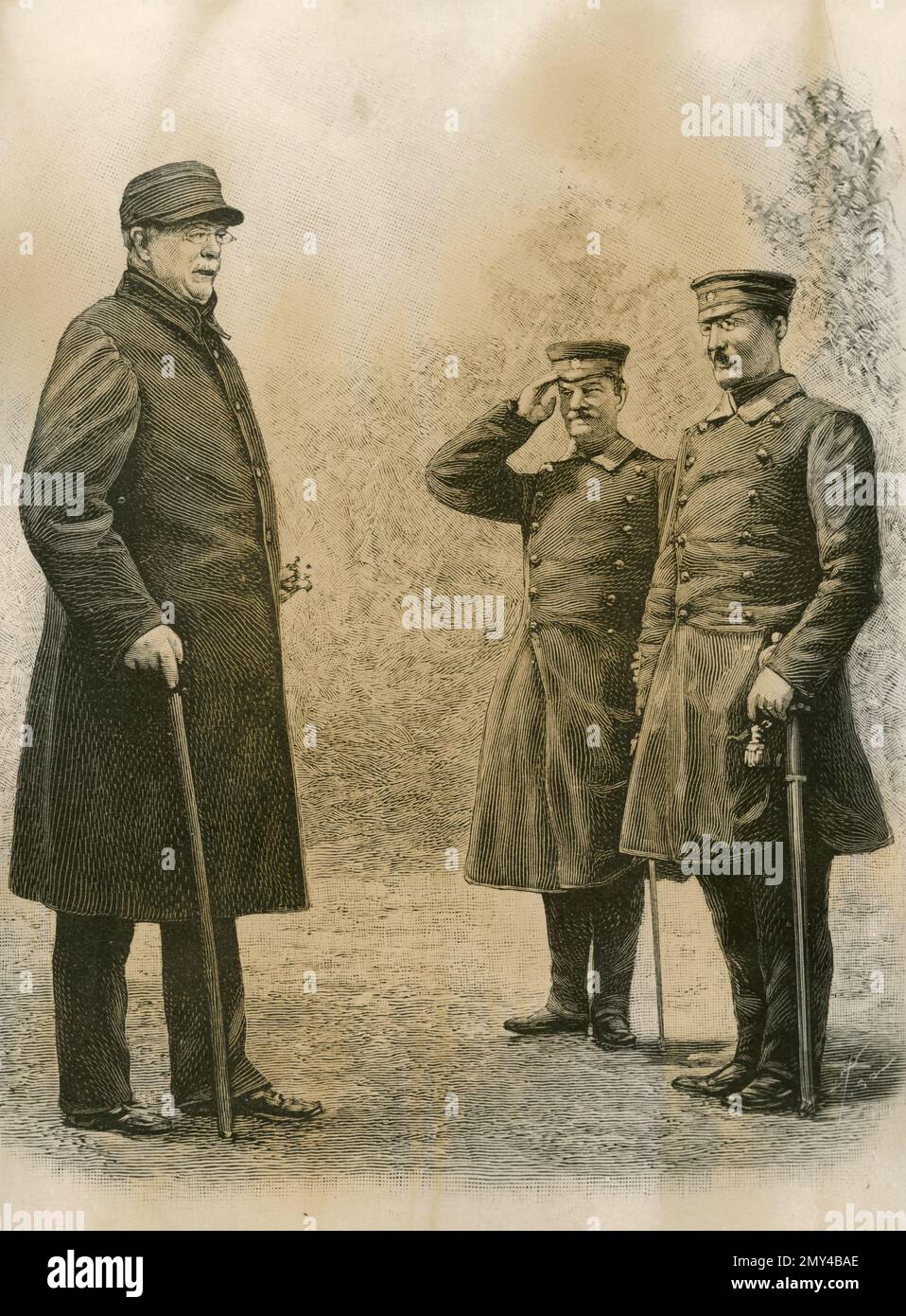 German statesman and diplomat Otto von Bismarck greeted by gamekeepers during one of his walks, illustration 1870s Stock Photo