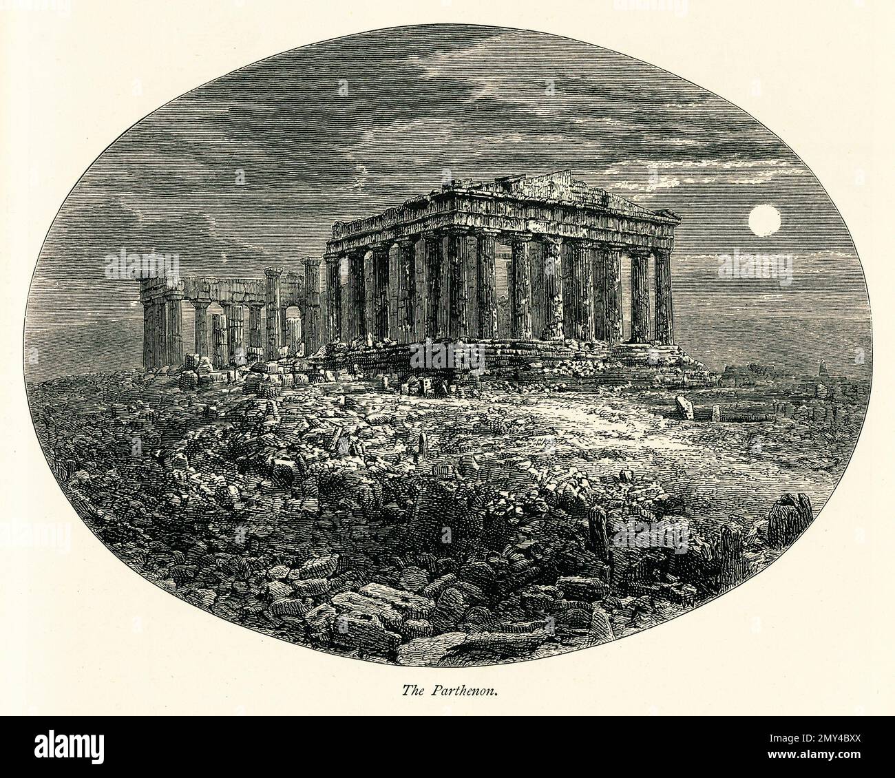 Antique engraving of the Parthenon, a temple of the Greek goddess Athena in Athens, Greece. Illustration published in Picturesque Europe, Vol. V (Cass Stock Photo