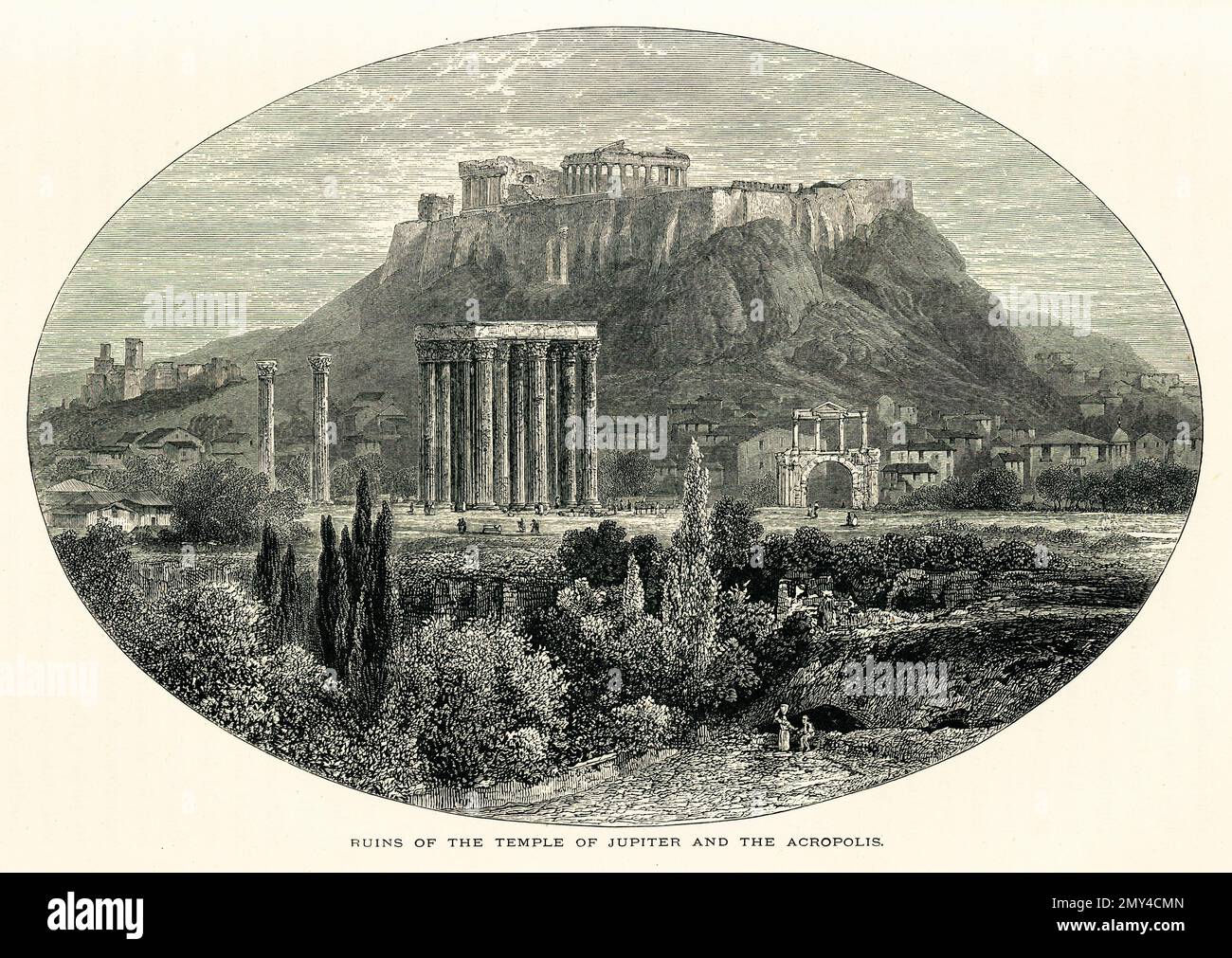 19th-century view of the temple of Jupiter and the Acropolis in Athens ...