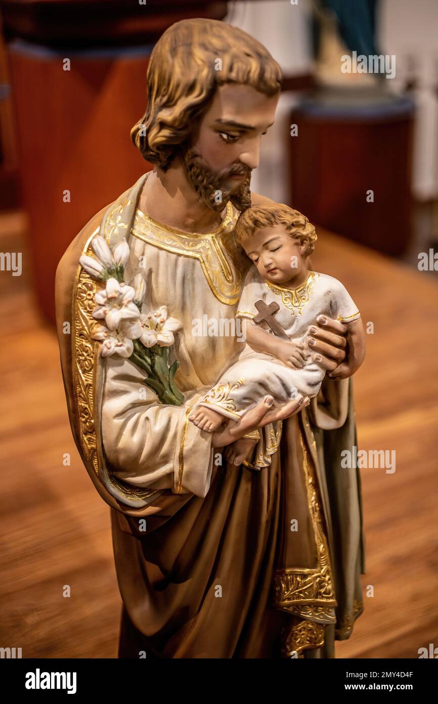 Statue of St. Joseph holding the baby Jesus at St. Joseph's Catholic