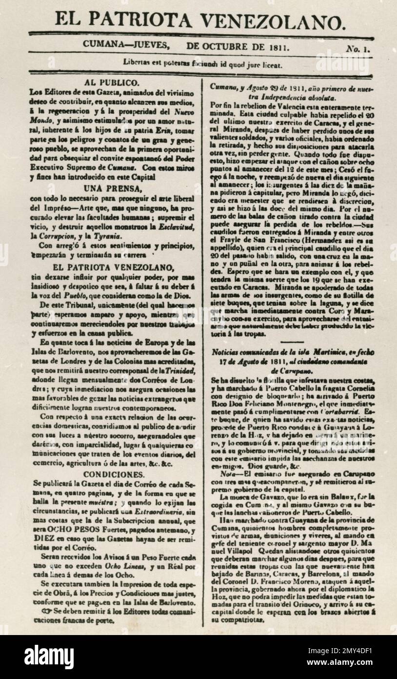 First issue of the journal El Patriota Venezolano, Venezuela, October 1811 Stock Photo