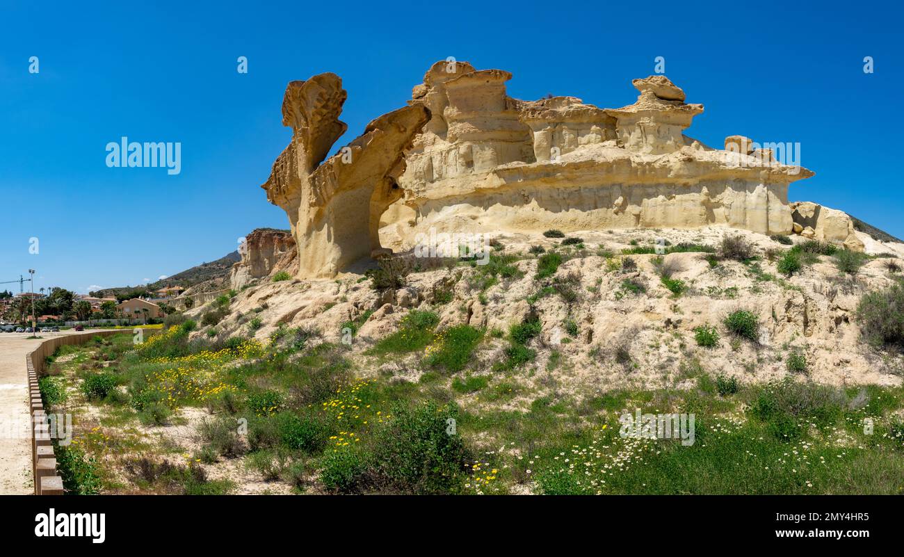 Sandstone shapes, erosions or Gredas of Bolnuevo in Mazarron, Murcia, Spain. Also called the Enchanged City of Bolnuevo. Stock Photo