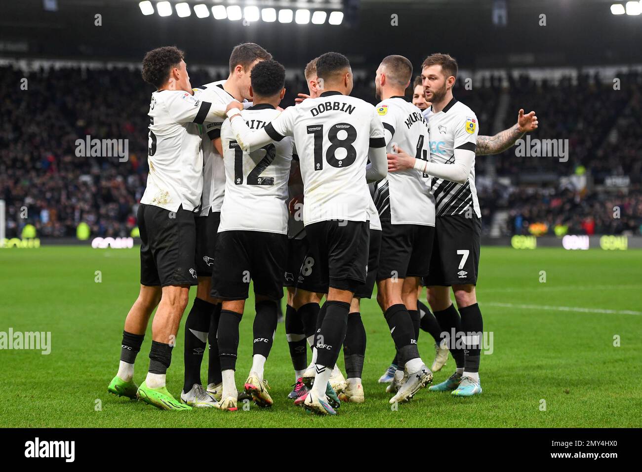 Derby, UK. 4th Feb 2023. Rams celebrate after Jason Knight of Derby County scored a goal to make it 5-0 during the Sky Bet match between Derby County and