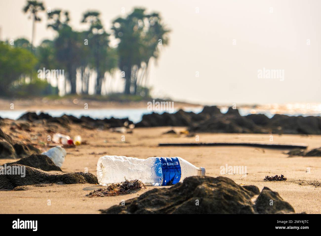 Plastic mineral water bottle on a tropical beach, Sri Lanka, Asia Stock