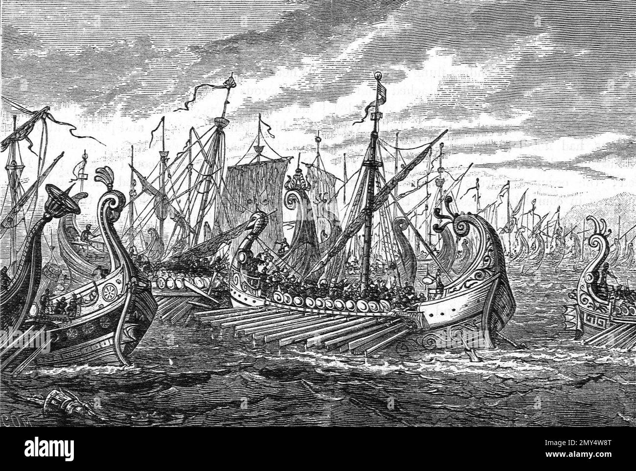 The Battle of Salamis. Illustration of the battle between the Greeks states and the persians in 480 BC, engraving, c. 1882 Stock Photo