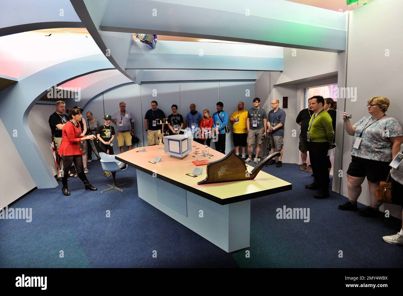 People view a replica studio set version of the starship Enterprise