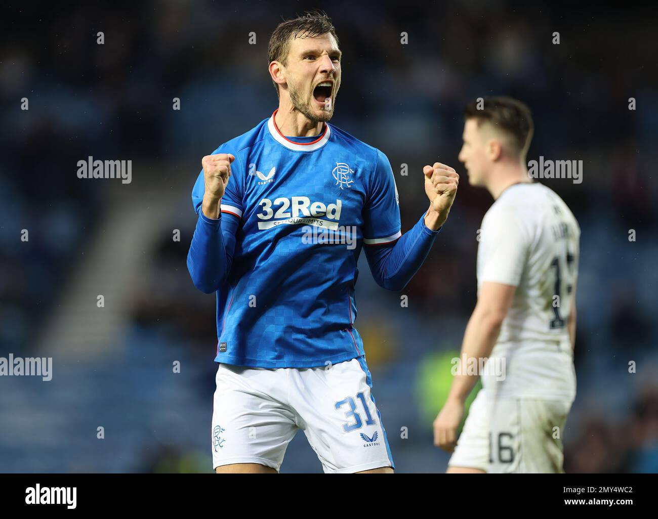 Rangers' Borna Baraisic celebrates his teams 2nd goal during the cinch  Premiership match at Ibrox Stadium, Glasgow. Picture date: Saturday  February 4, 2023 Stock Photo - Alamy