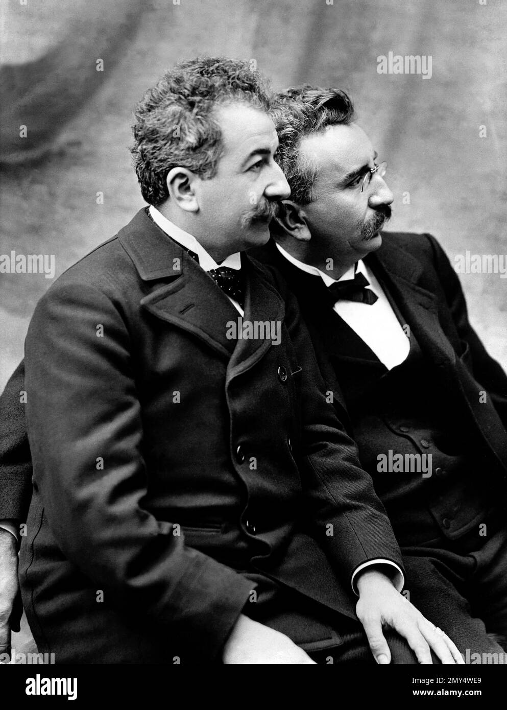 The Lumiere Brothers. Portrait of The Lumière brothers, Auguste Marie Louis Nicolas Lumière (1862-1954) and Louis Jean Lumière (1864-1948). Auguste is on the left, Louis on the right. Stock Photo