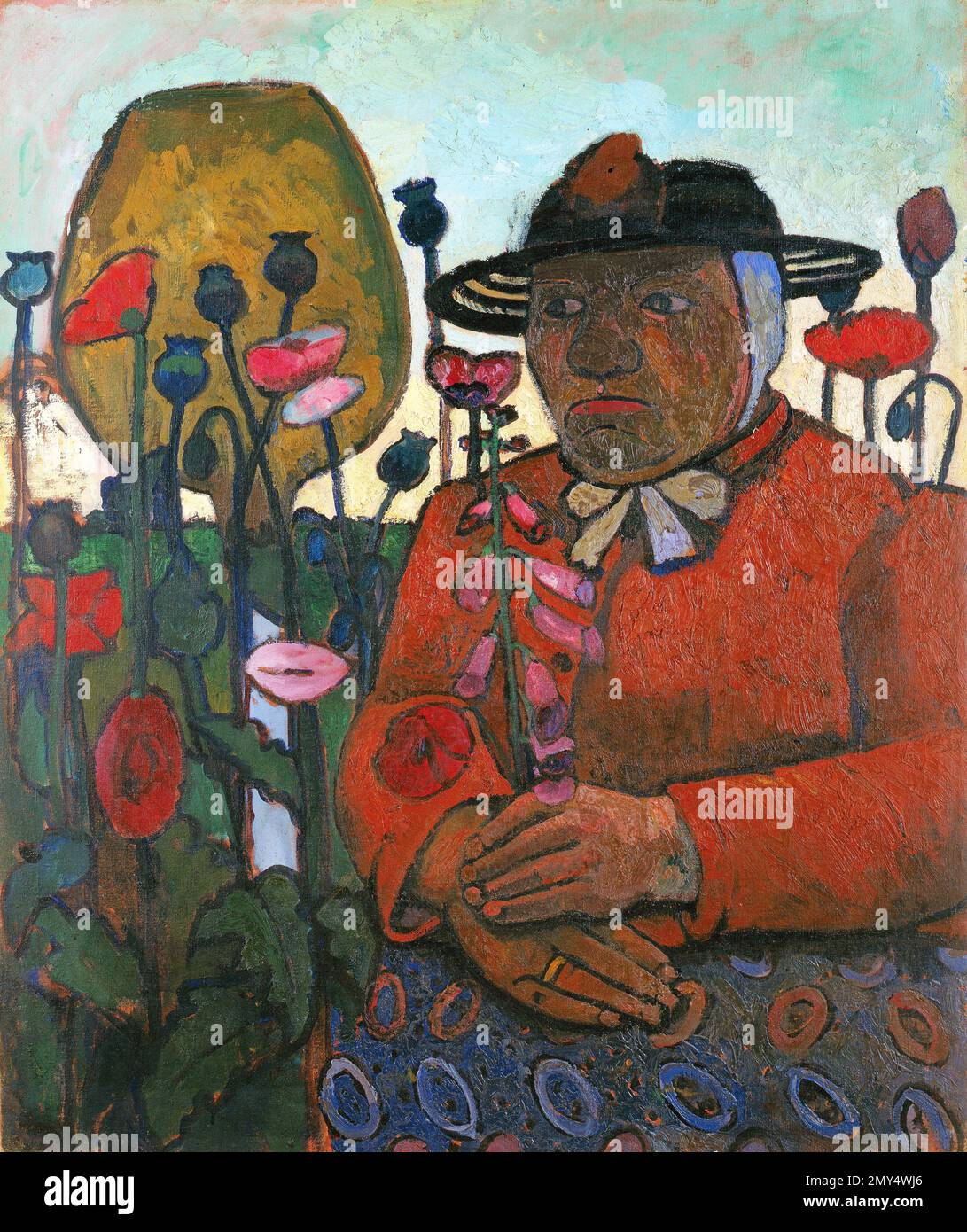 Paula Modersohn-Becker. Painting entitled 'Old Woman from Almshouse with Glass Ball and Poppy Flowers' by the German Expressionist painter, Paula Modersohn-Becker (1876-1907), 1907 Stock Photo
