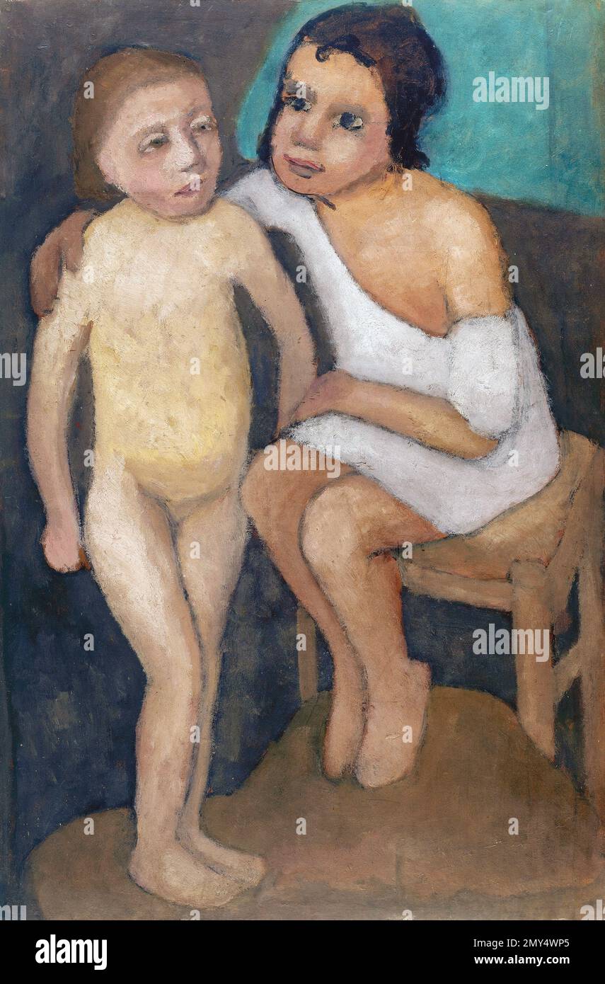 Paula Modersohn-Becker. Painting entitled 'Sitting Girl in White Shirts and Standing Girl Act' by the German Expressionist painter, Paula Modersohn-Becker (1876-1907), 1906 Stock Photo