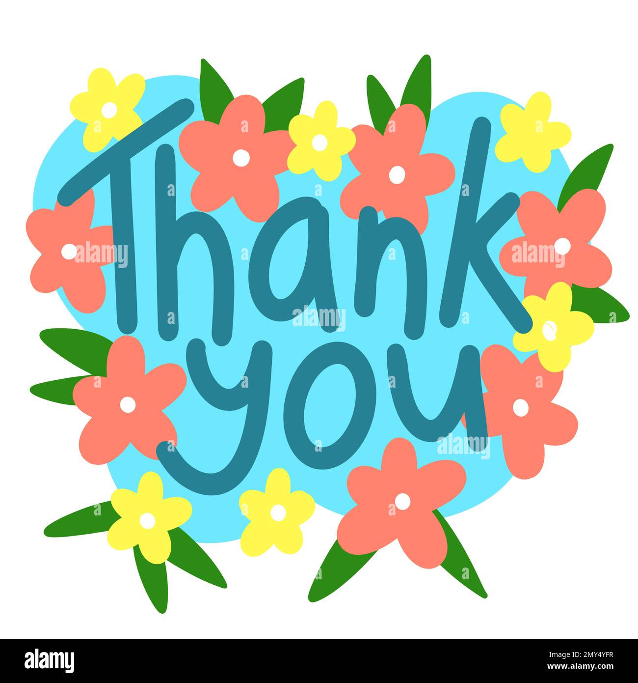 Hand drawn illustration of thank you words with flowers, lettering phrase in contemporary bright style. Cute funny message sticker with gratitude calligraphy thanks, modern decorative style element. For letters messages posters Stock Photo