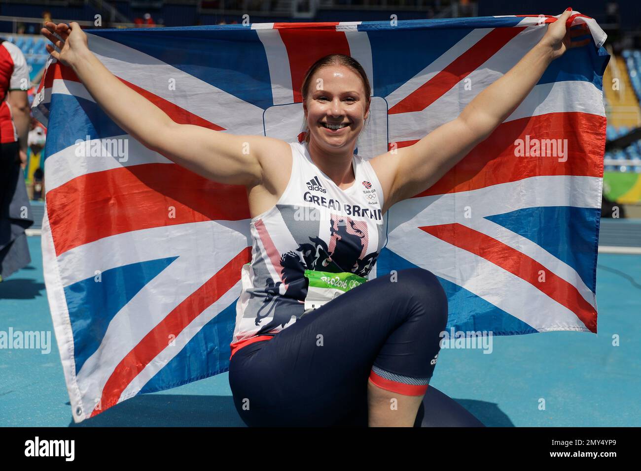 Britain's bronze medal winner Sophie Hitchon celebrates with the