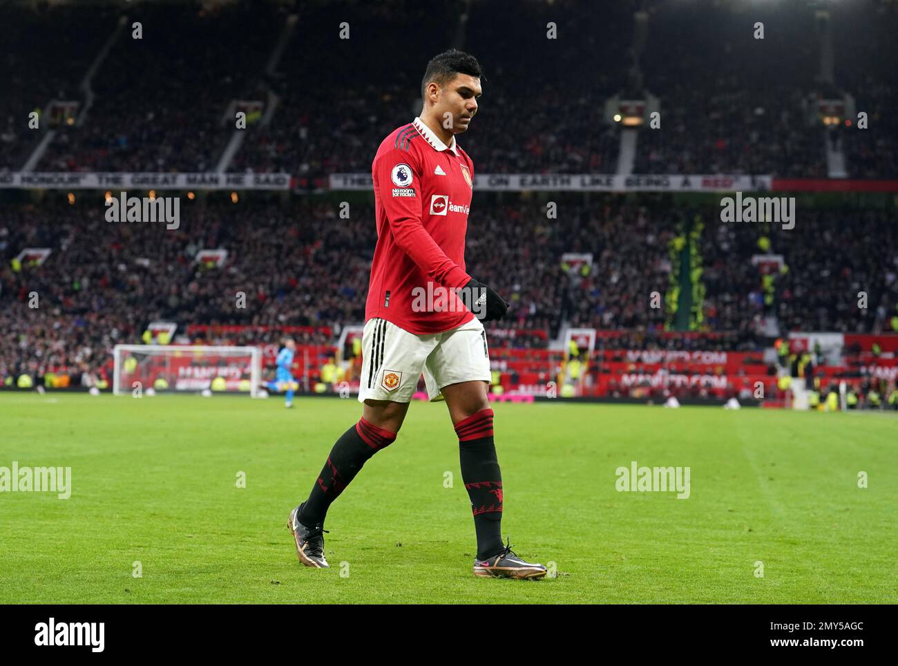 Manchester United's Casemiro walks off after being shown a red card by
