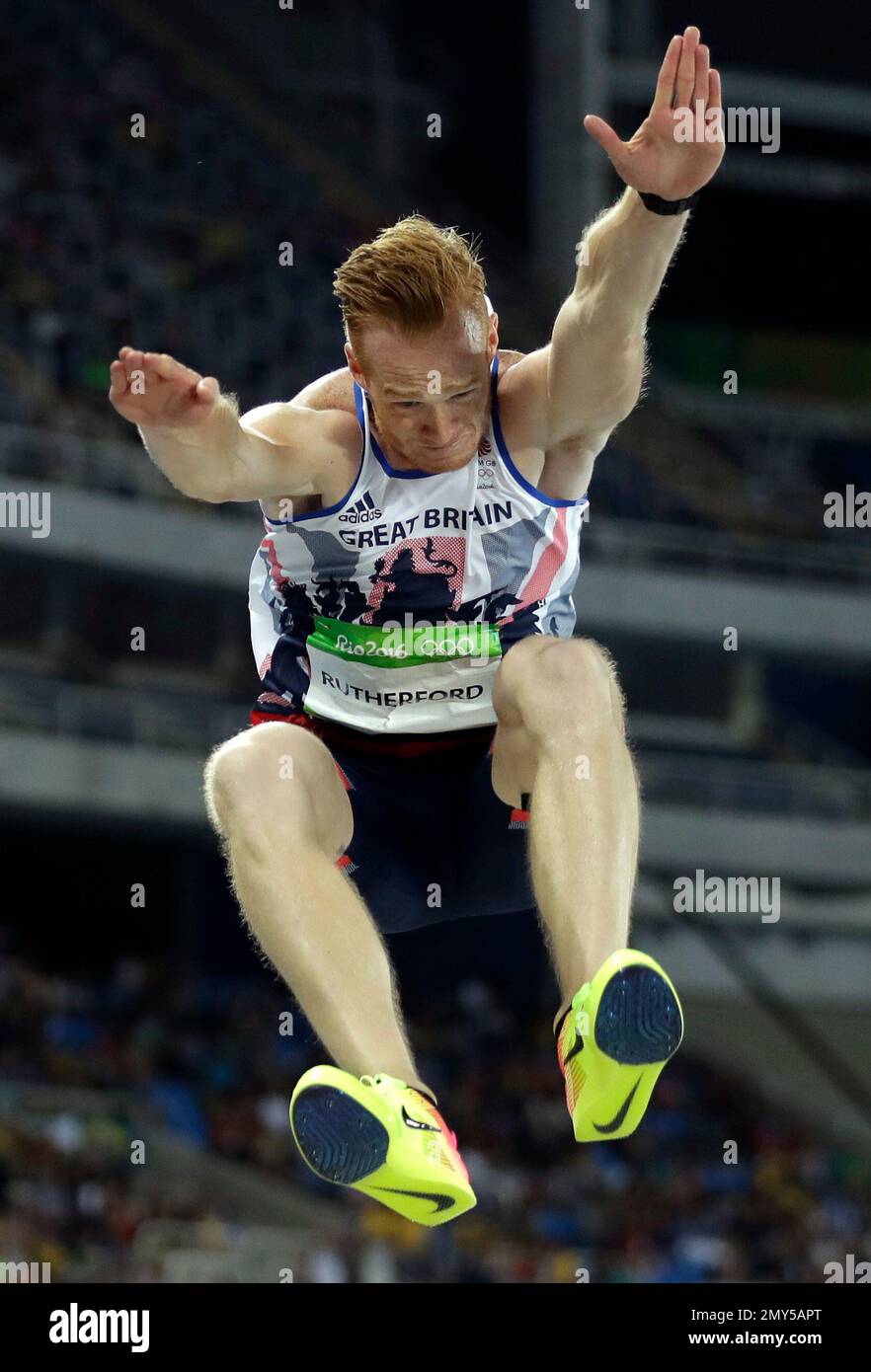 Britain's Greg Rutherford makes an attempt in the men's long jump final ...