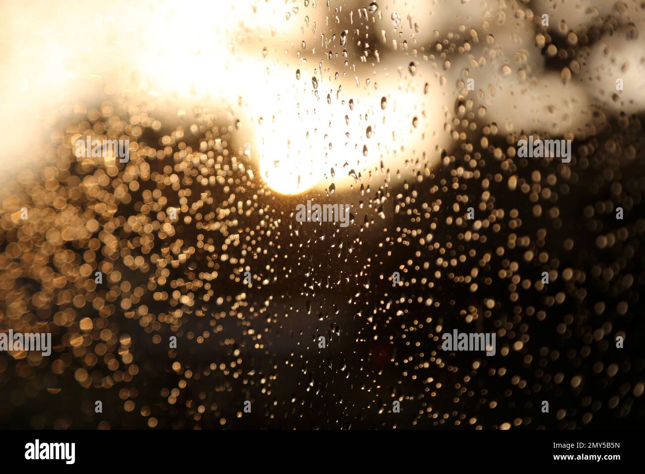 Window with raindrops on the pane and the sun backlighting Stock Photo ...