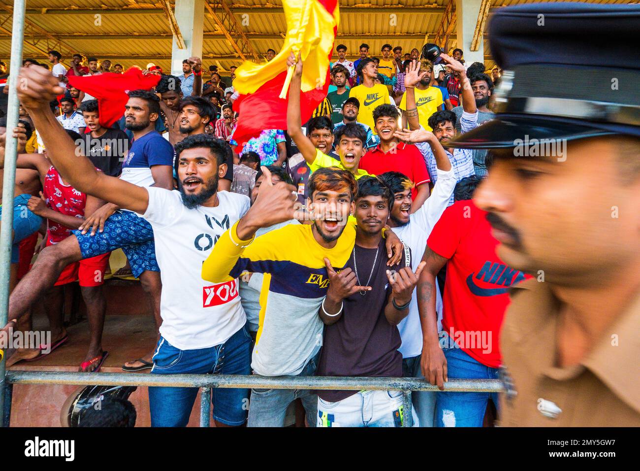 Enthusiastic football supporters at a match in Jaffna, Sri Lanka Stock Photo