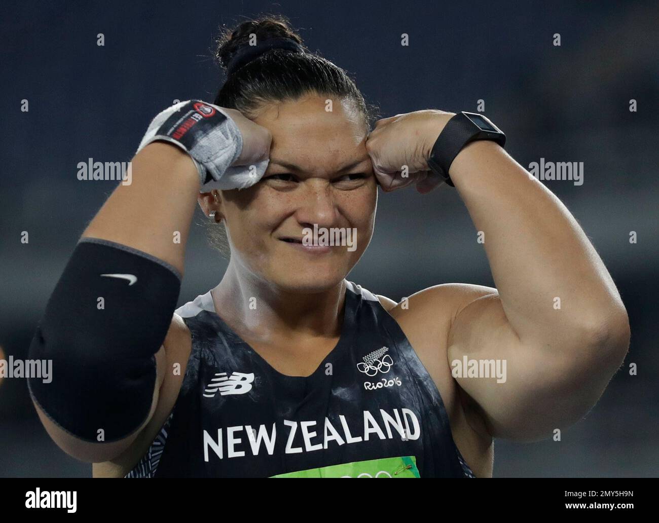 New Zealand's Valerie Adams gestures as she competes in the final of