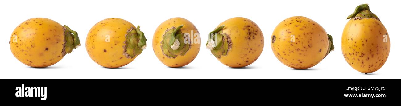 fresh and yellow husk areca nuts in different angles, fruit of the areca palm, areca nut palm or betel palm, tropical and commercially important fruit Stock Photo