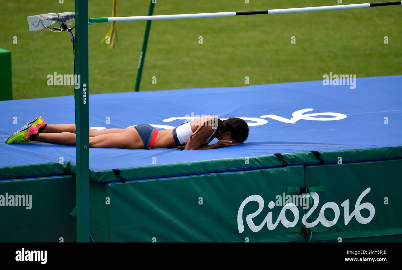 Britain's Katarina Johnson-Thompson celebrates clearing the bar in a ...