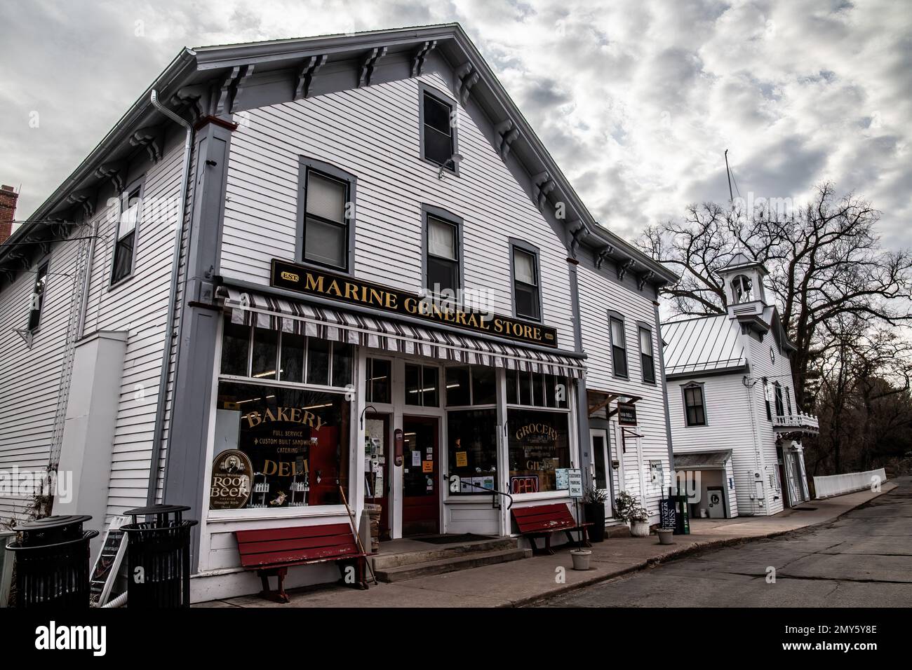 Marine General Store and Marine on St. Croix City Hall in the springtime. Stock Photo