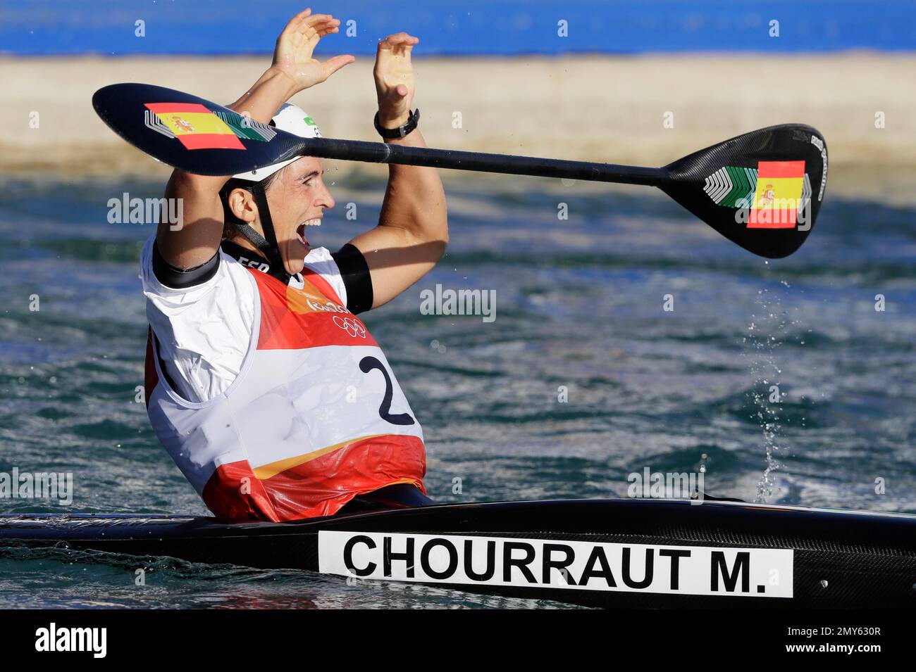 Gold medal winner Maialen Chourraut of Spain celebrates after she finishes  the kayak K1 women's final of the canoe slalom at the 2016 Summer Olympics  in Rio de Janeiro, Brazil, Thursday, Aug.