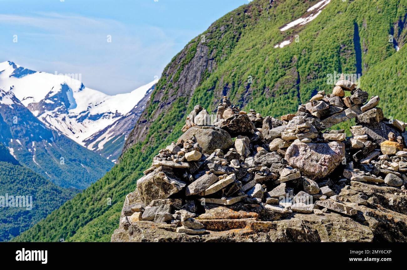 Travel destination - beautiful landscape with mountains near Hellesylt, Norway Stock Photo