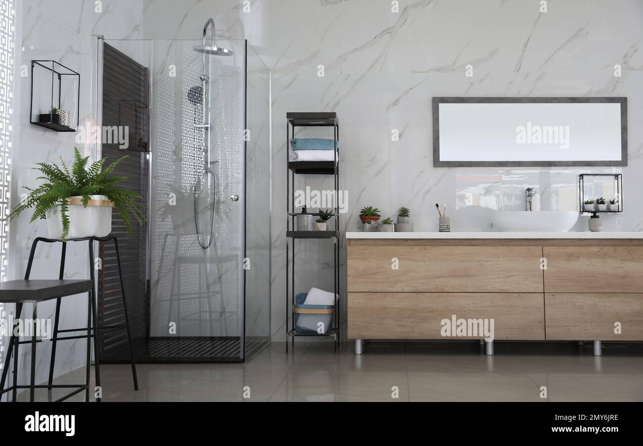 Bathroom interior with shower stall and counter. Idea for design Stock ...