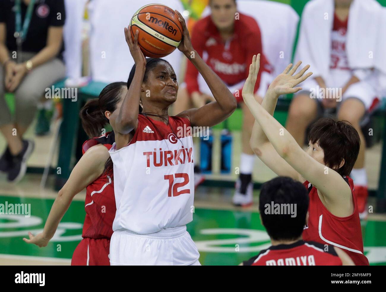 Turkey center Lara Sanders (12) shoots during the second half of a women's  basketball game against Japan at the Youth Center at the 2016 Summer  Olympics in Rio de Janeiro, Brazil, Tuesday,