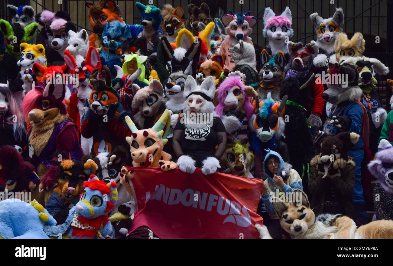 London, UK. 4th February 2023. Furries, people who like to wear anthropomorphic animal costumes, stage their latest London Furs meet-up in central London. Credit: Vuk Valcic/Alamy Live News Stock Photo