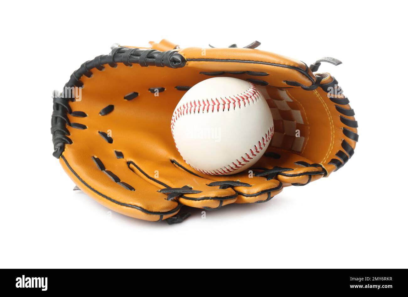 Leather baseball glove with ball isolated on white Stock Photo Alamy