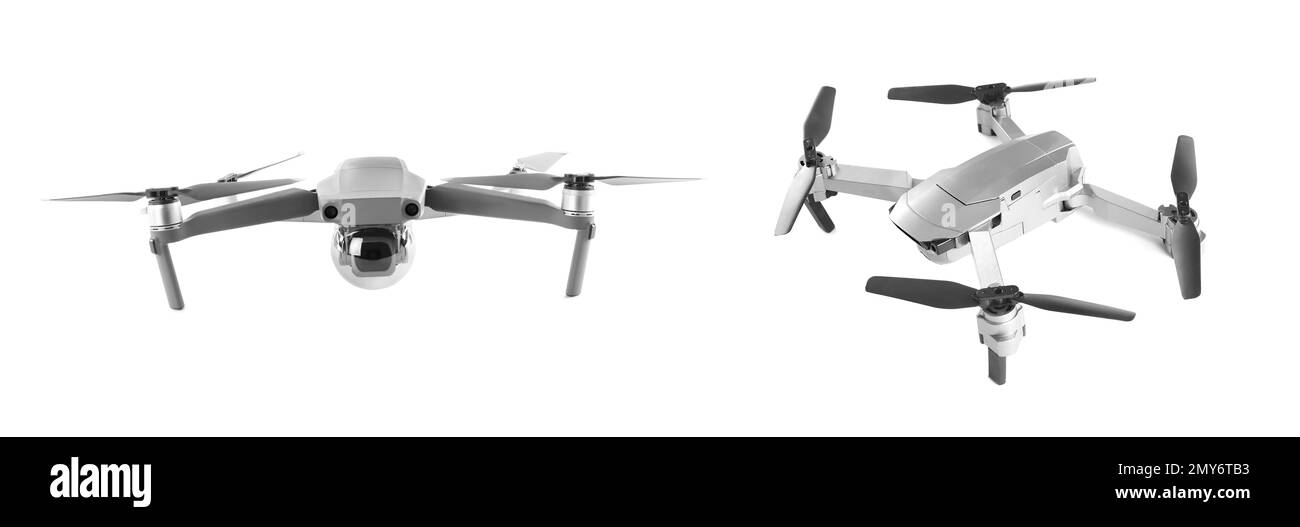 Different drones on white background. Modern gadget Stock Photo