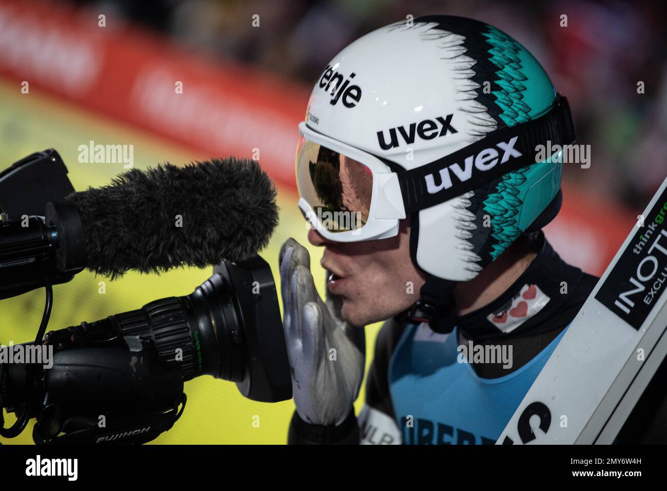 Willingen, Germany. 04th Feb, 2023. Nordic skiing, ski jumping: World Cup,  large hill, men. Anze Lanisek from Slovenia cheers after his final jump.  Credit: Swen Pförtner/dpa/Alamy Live News Stock Photo - Alamy