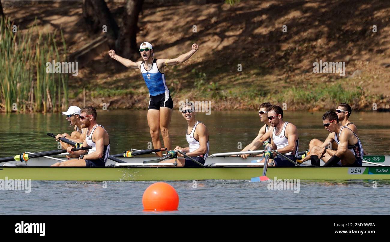 Panagiotis Magdanis, Stefanos Ntouskos, Ioannis Petrou, and Spyridon  Christos, Giannaros of Greece, rear, react after competing in the men's  rowing lightweight four semifinal heat during the 2016 Summer Olympics in  Rio de