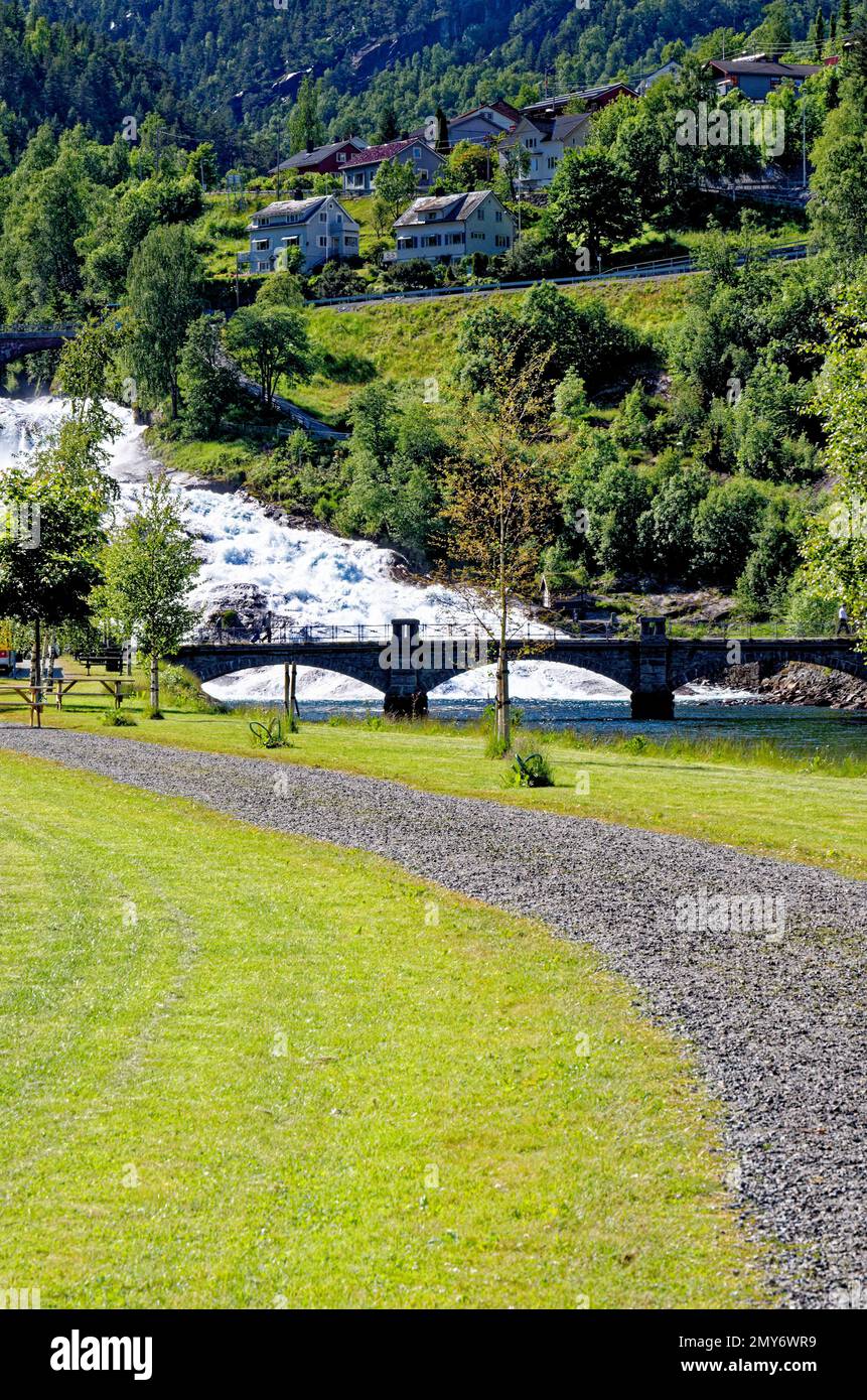 Hellesyltfossen waterfall rushing at Hellesylt on the Geiranger fjord, Norway Stock Photo Alamy