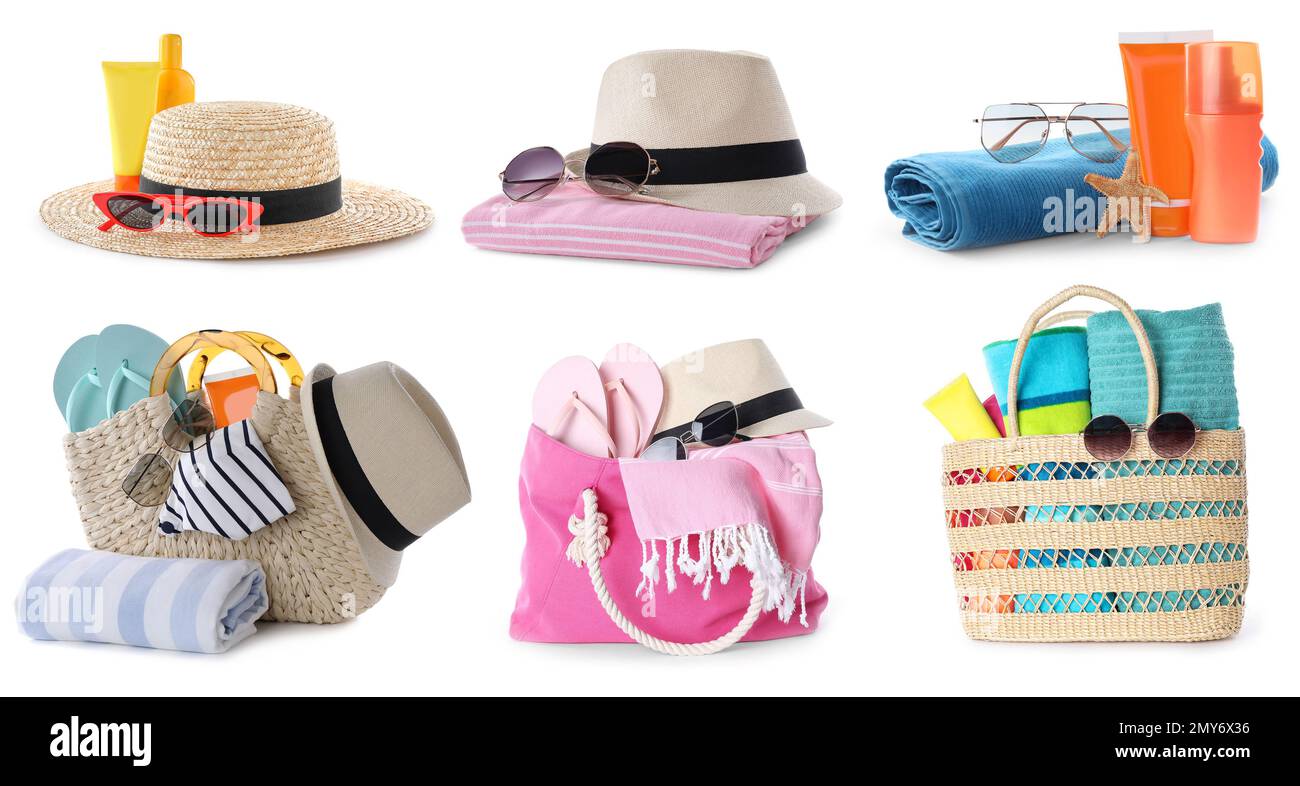 Set of beach objects on white background, banner design Stock Photo