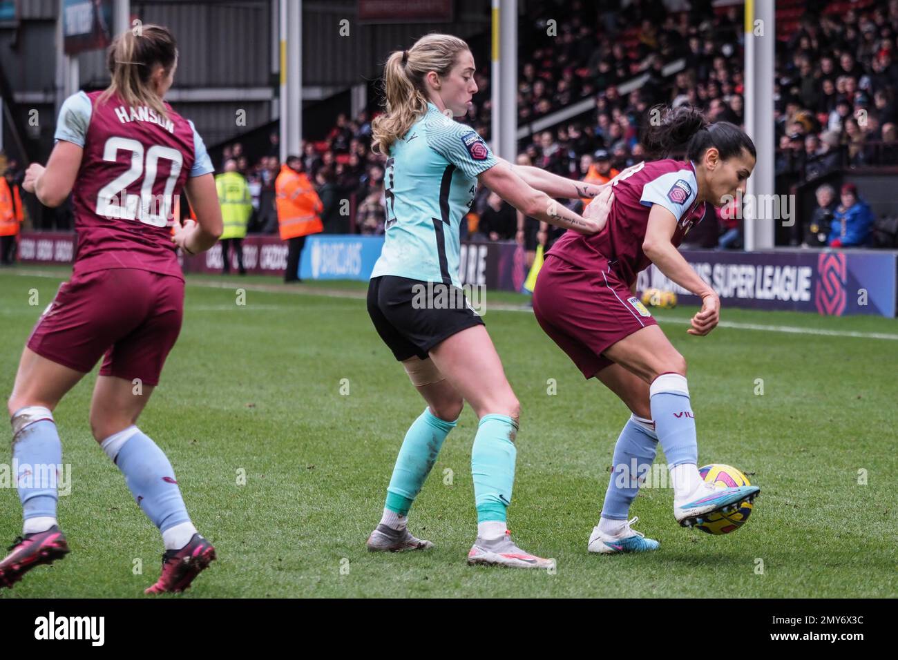 Walsall, UK. 04th Feb, 2023. Walsall, England, February 4th 2023: Megan Connolly (8 Brighton) and Kenza Dali (10 Aston Villa) battle for the ball during the Barclays FA Womens Super League match between Aston Villa and Brighton at Bescot Stadium in Walsall, England (Natalie Mincher/SPP) Credit: SPP Sport Press Photo. /Alamy Live News Stock Photo