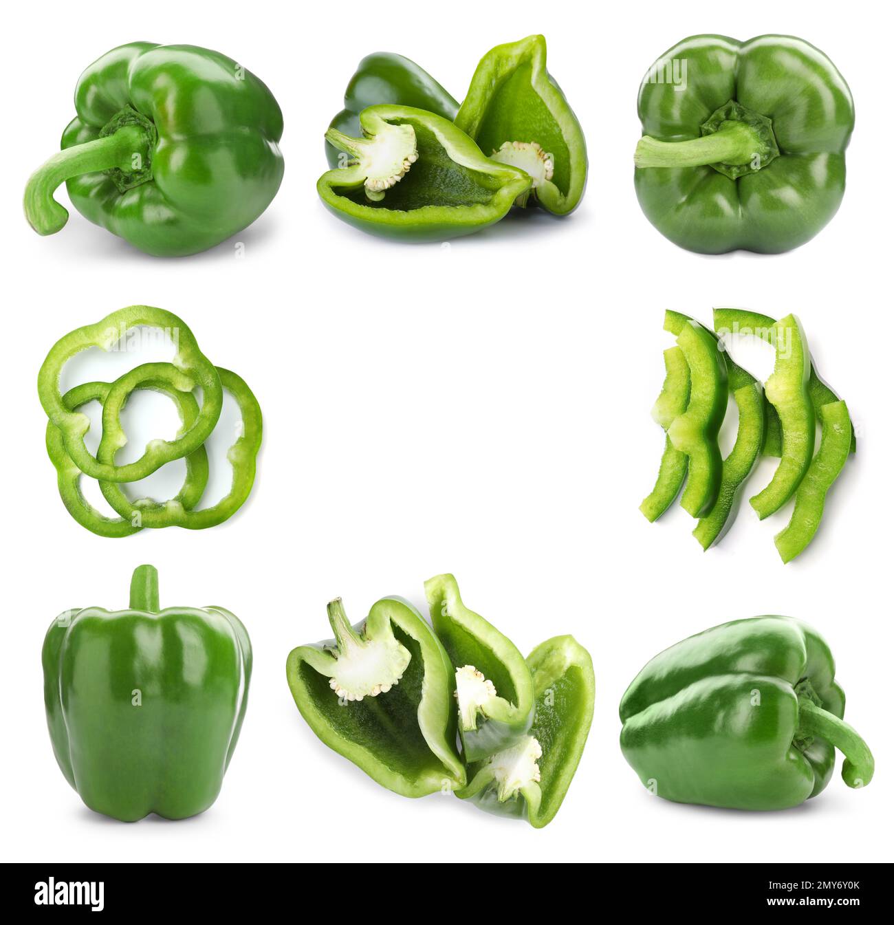 Frame of whole and cut green bell peppers on white background Stock ...