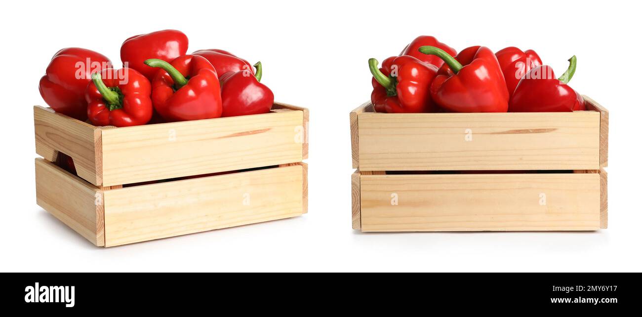 Red bell peppers in wooden crates on white background Stock Photo - Alamy