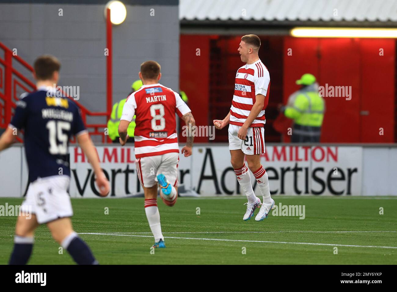 4th February 2023;  New Douglas Park, Hamilton, Scotland:  Scottish Championship Football Hamilton Academical versus Dundee; Connor Smith of Hamilton Academical celebrates after scoring for 1-0 Stock Photo